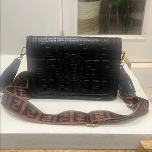 Black Embossed Crossbody Bag with Brown Strap